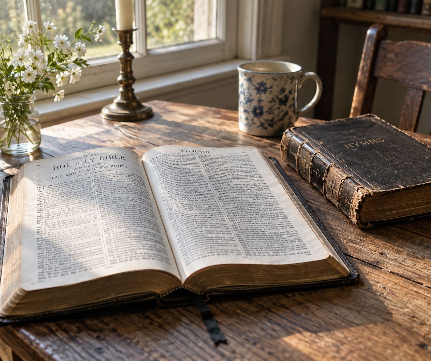 A King James Bible open on a wooden table